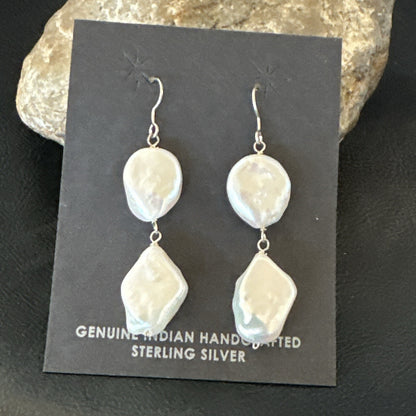 Beautiful White Sterling Silver Freshwater Pearl Dangle Earrings 1.5" 3077