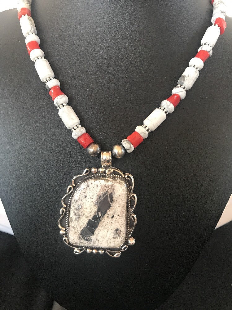Navajo Pearls Sterling White Buffalo Turquoise Necklace Pendant 08216 XL