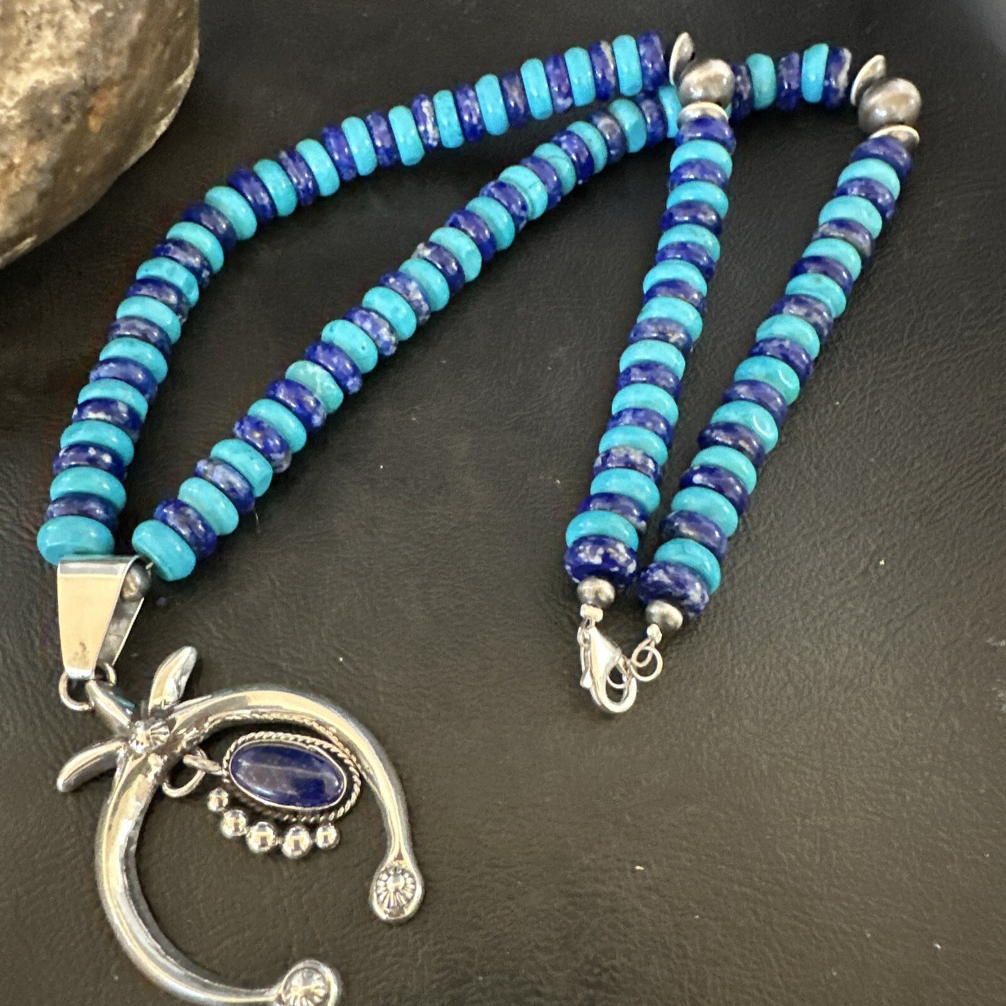Mens Blue Lapis Turquoise Naja Pendant Navajo Sterling Silver Necklace 21" 17689