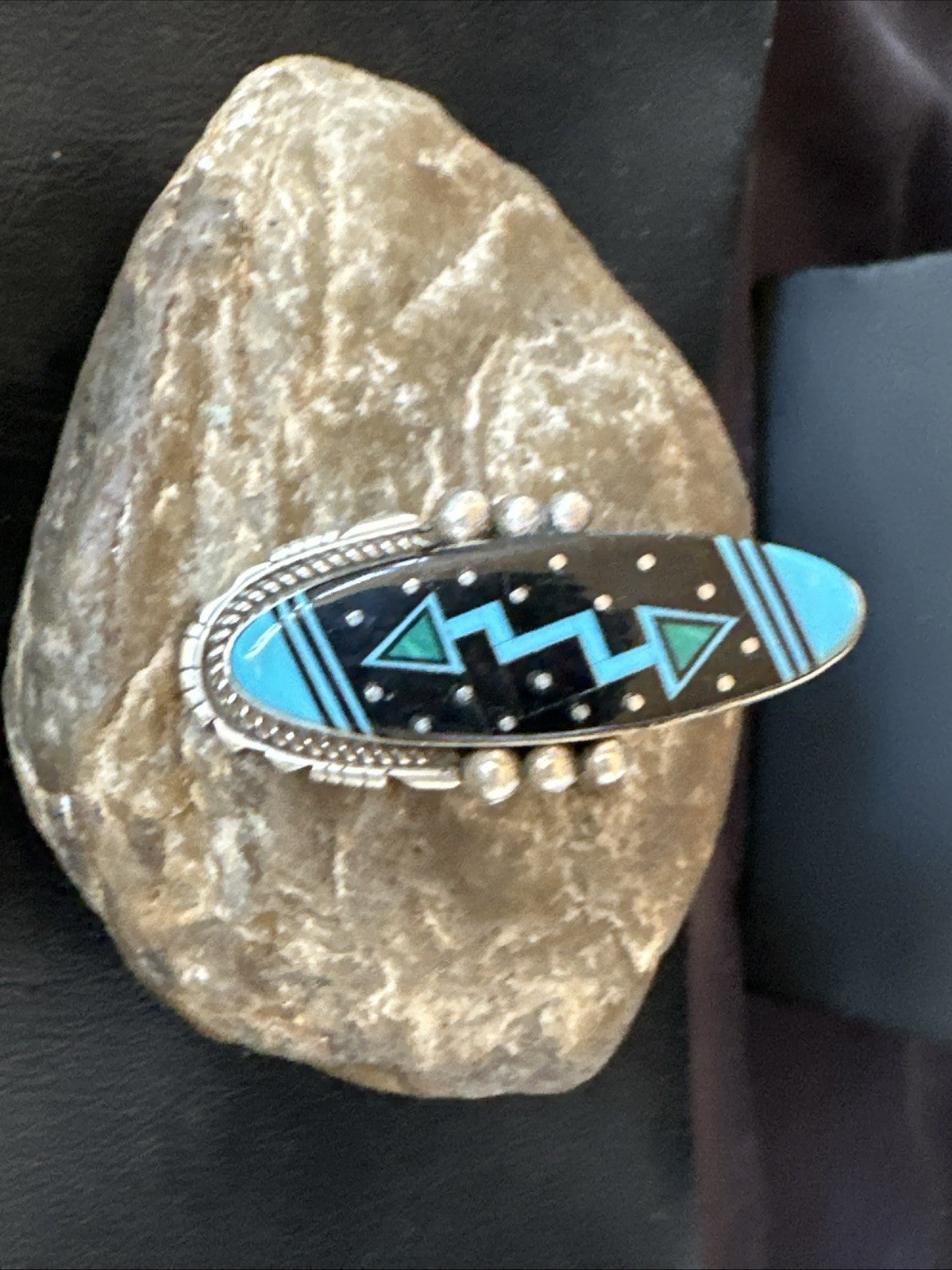 Cosmic Inlay Black Onyx Blue Turquoise Navajo Sterling Silver Ring Sz 9.5 19790