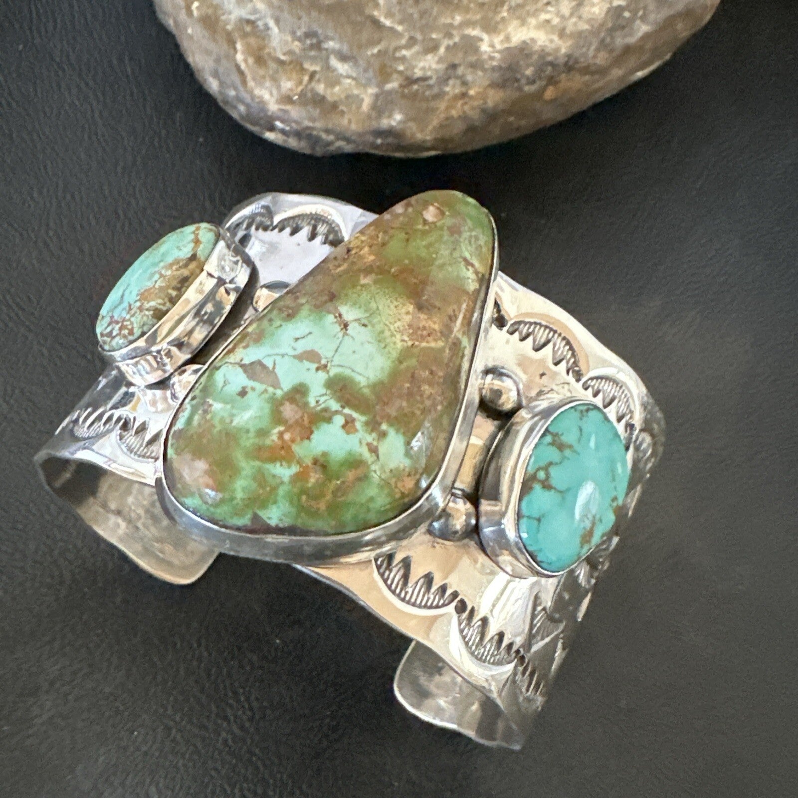 Navajo Green Royston TURQUOISE Stamped Sterling Silver Cuff Bracelet 17938
