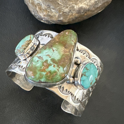 Navajo Green Royston TURQUOISE Stamped Sterling Silver Cuff Bracelet 17938