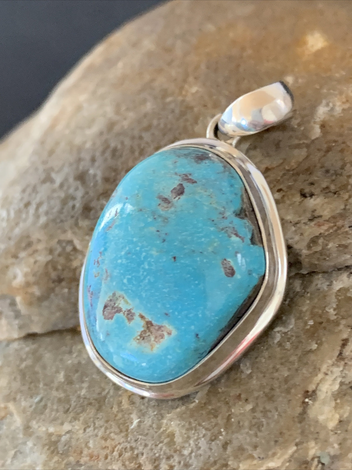 Blue Bisbee Turquoise Navajo Sterling Silver Pendant 1.5" 1624N