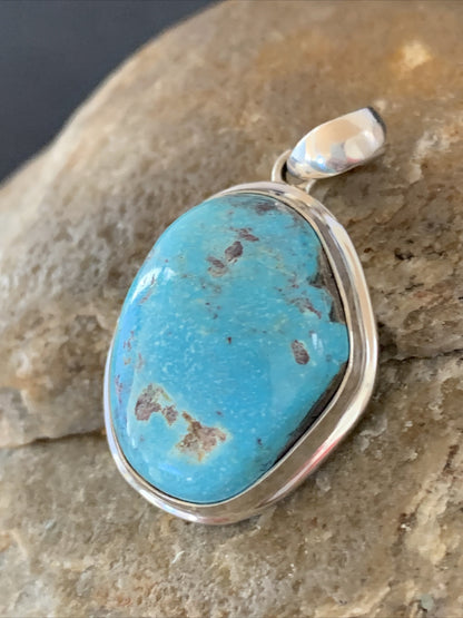 Blue Bisbee Turquoise Navajo Sterling Silver Pendant 1.5" 1624N