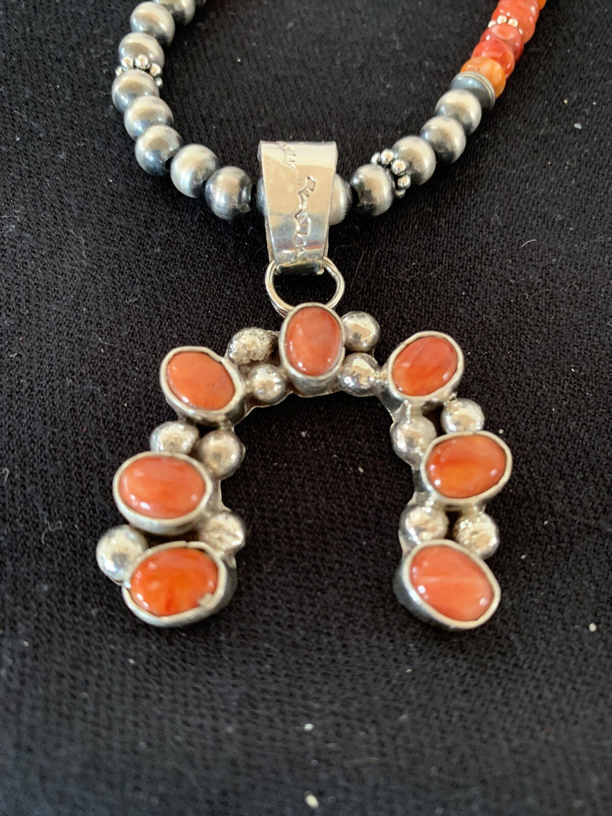 Red Spiny Oyster Naja Pendant Navajo Pearls Sterling Silver Necklace 00284