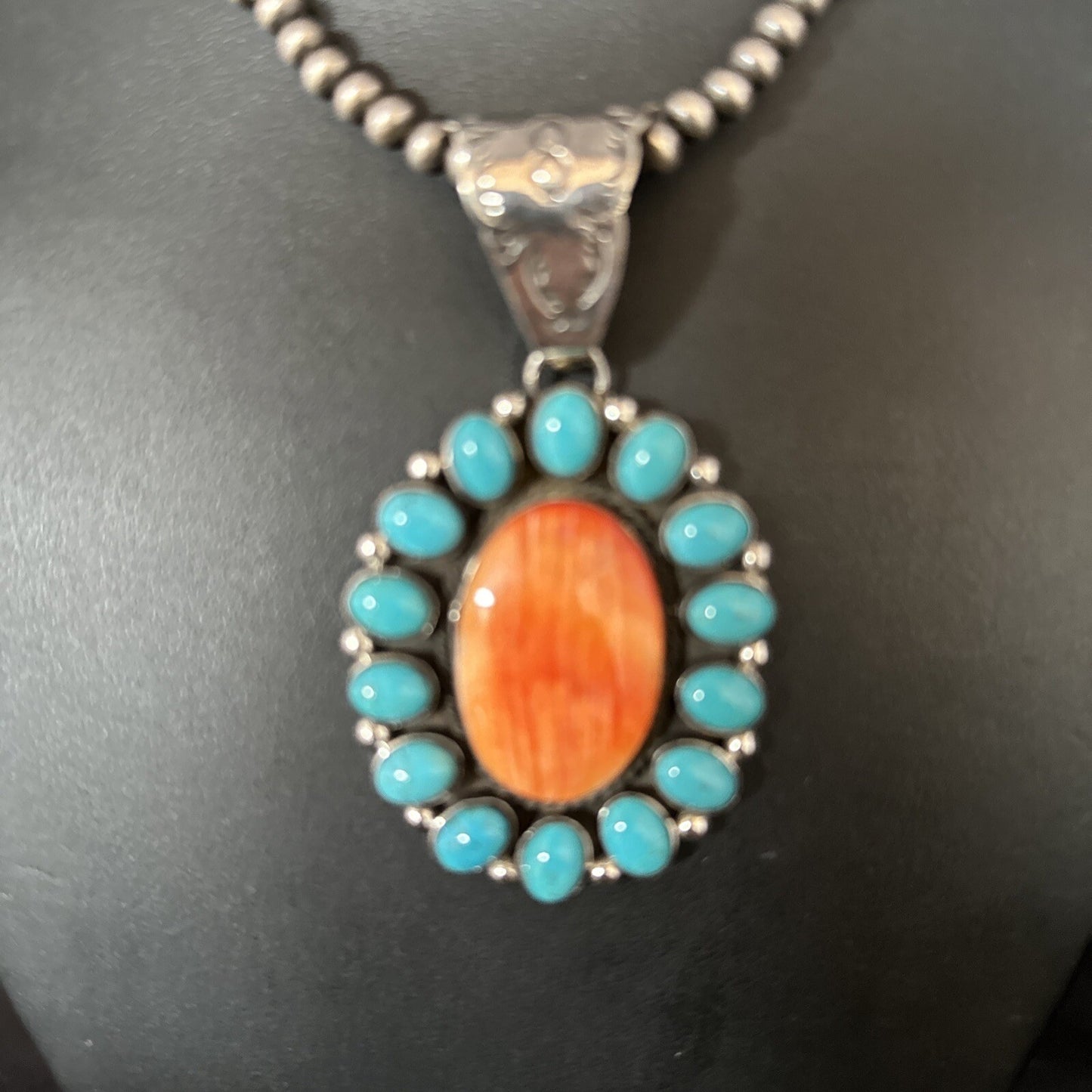 Blue Cluster Kingman Turquoise Sterling Orange Spiny Oyster Pendant 14278