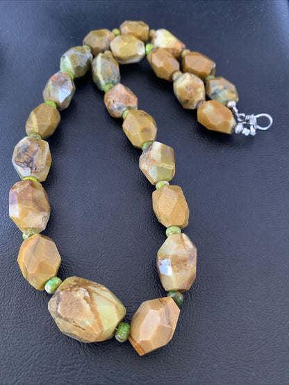 Green Nugget Turquoise Faceted Navajo Sterling Silver Necklace 21" 01494