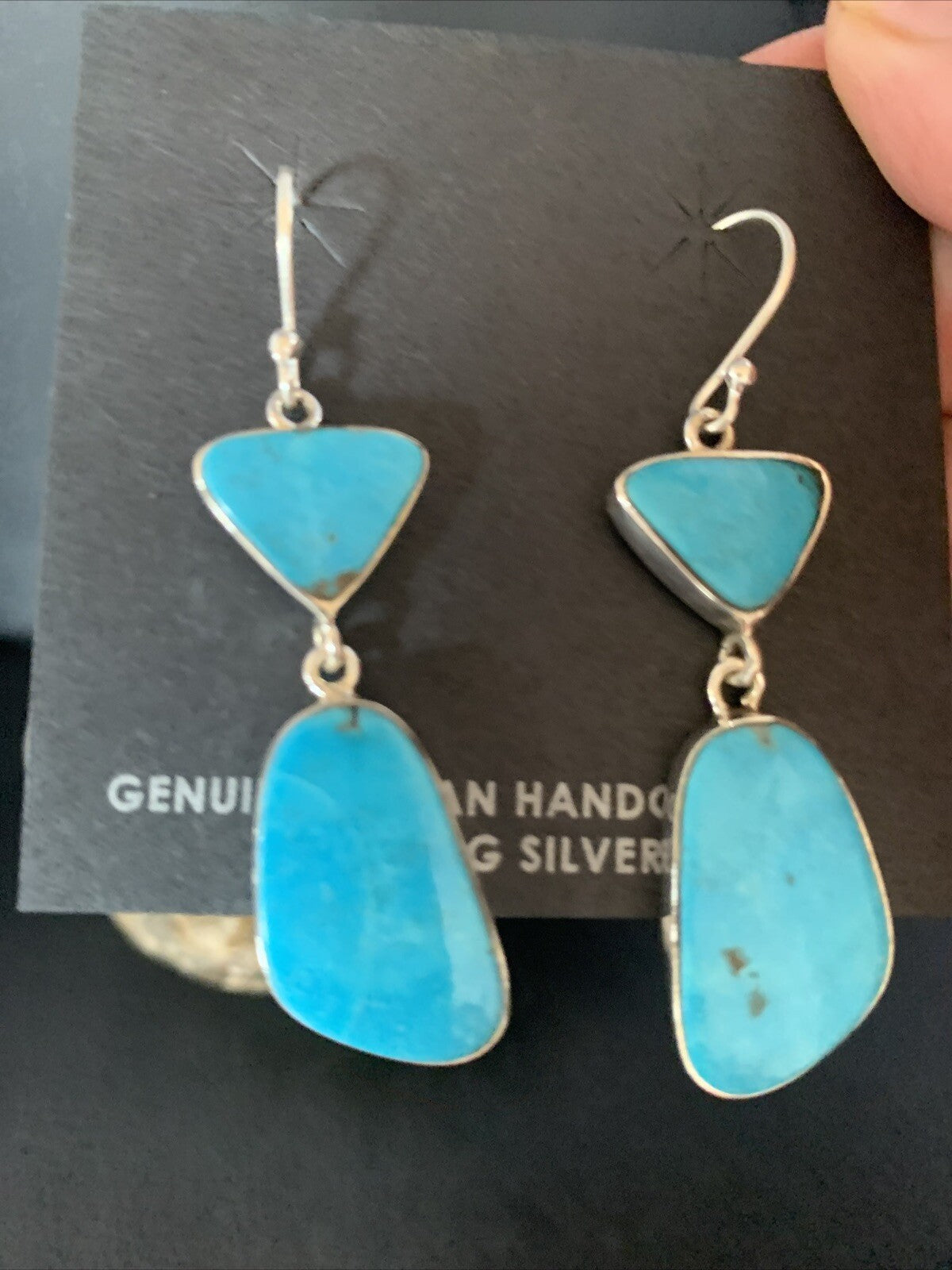 Blue Kingman Turquoise Navajo Sterling Silver Dangle Earrings 14073