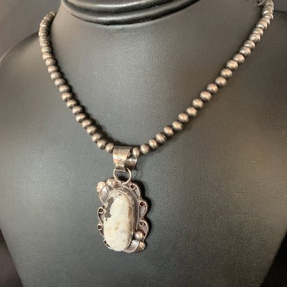 Mens Sterling Silver Beads White Buffalo Turquoise Necklace Pendant 20" 13666