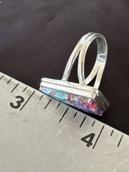 Blue Turquoise Spiny Oyster Southwestern Sterling Silver Ring Size 9 18544