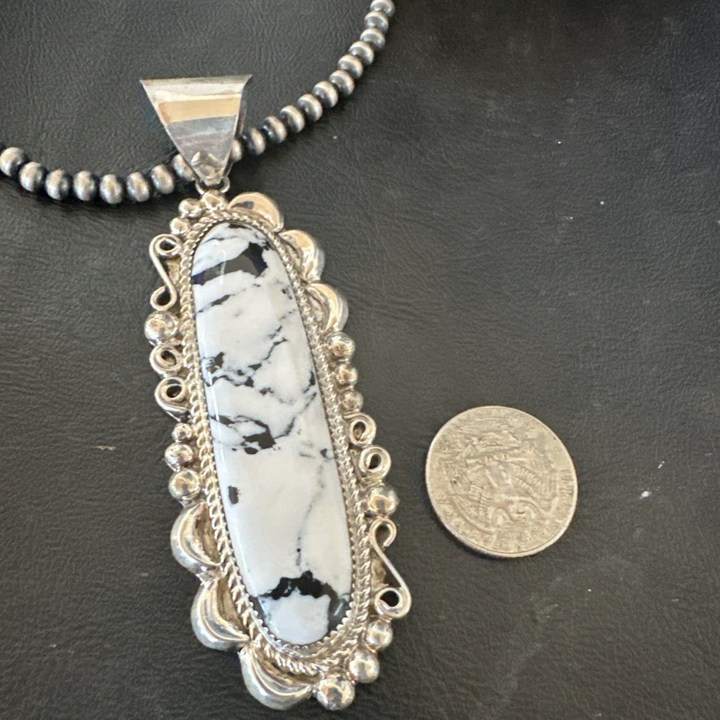 XXL White Buffalo Turquoise Pendant Navajo Sterling Silver Necklace 4" 19759