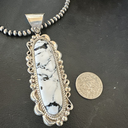 XXL White Buffalo Turquoise Pendant Navajo Sterling Silver Necklace 4" 19759