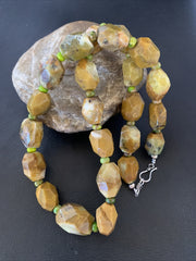 Green Nugget Turquoise Faceted Navajo Necklace 21" | Sterling Silver | Authentic Native American Handmade | 01494