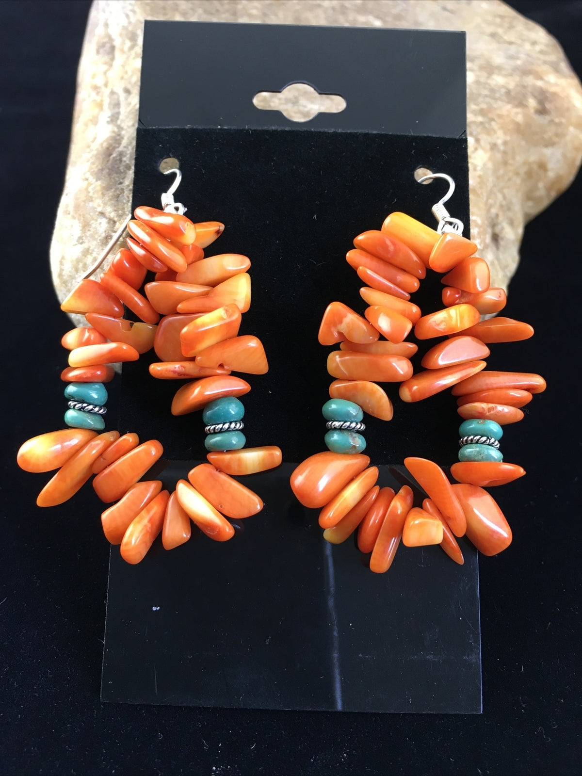 Orange Coral & Turquoise Navajo Sterling Silver Earrings 01776