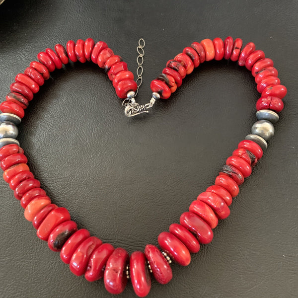 Navajo Graduated Red Coral Bead 18"Necklace | Sterling Silver | Authentic Native American Handmade | 11559