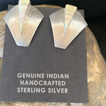 Womens White Opal Inlay Navajo Sterling Silver Dangle Post Earrings 0.5" 12766