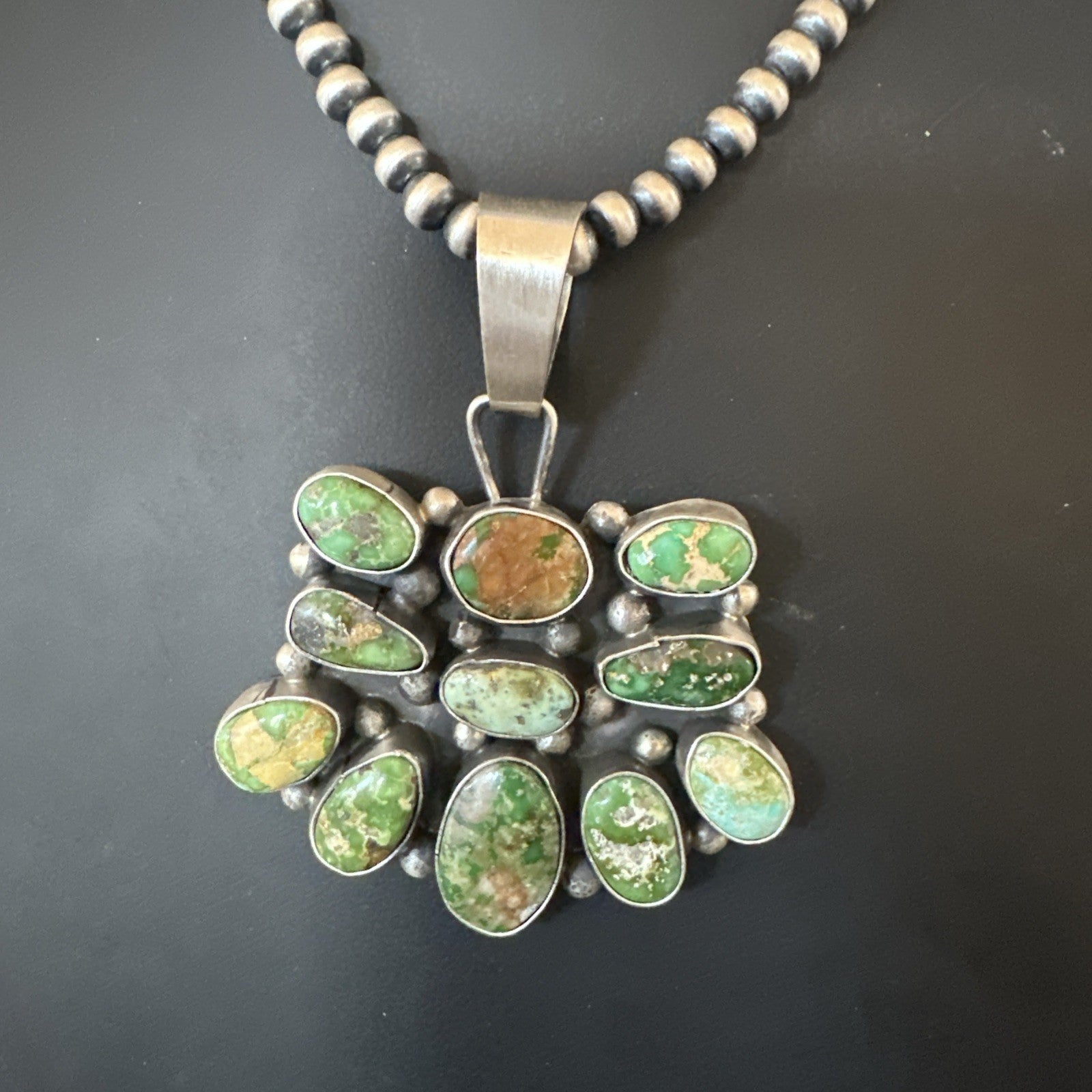 Green Sonoran Gold Turquoise Navajo Sterling Silver Cluster Pendant 19300