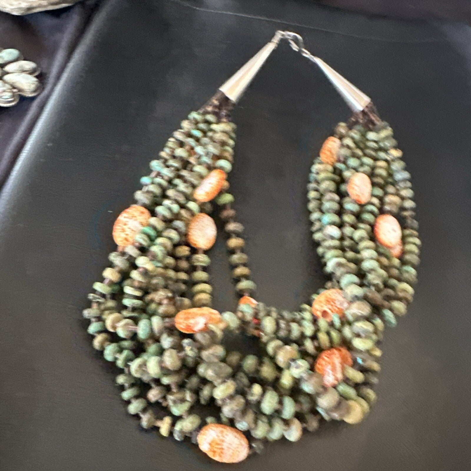 Navajo Green Turquoise 10S Sterling Silver Orange Spiny Shell Necklace 19" 18478