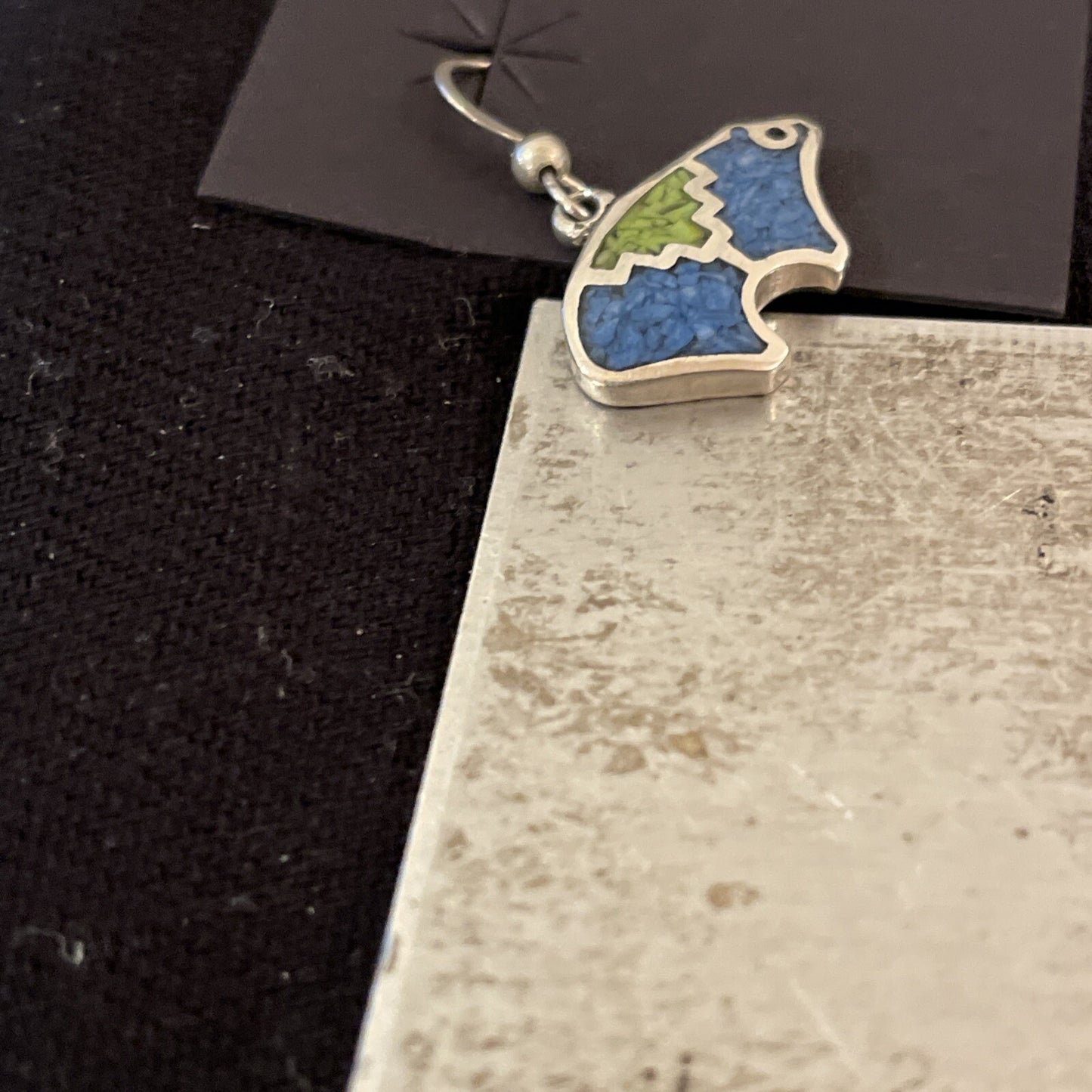 Blue Lapis & Green Turquoise Sterling Silver Bear Inlay Earrings 0.25" 01510
