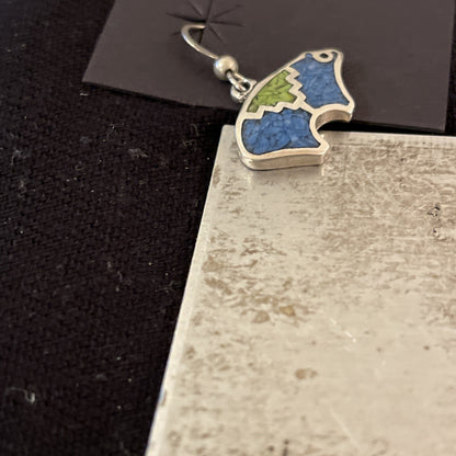 Blue Lapis & Green Turquoise Sterling Silver Bear Inlay Earrings 0.25" 01510