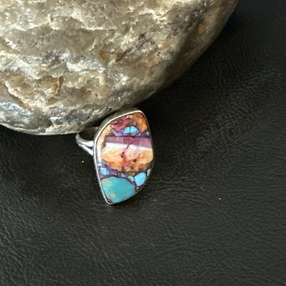 Blue Turquoise Spiny Oyster Southwestern Sterling Silver Ring Size 8 18440