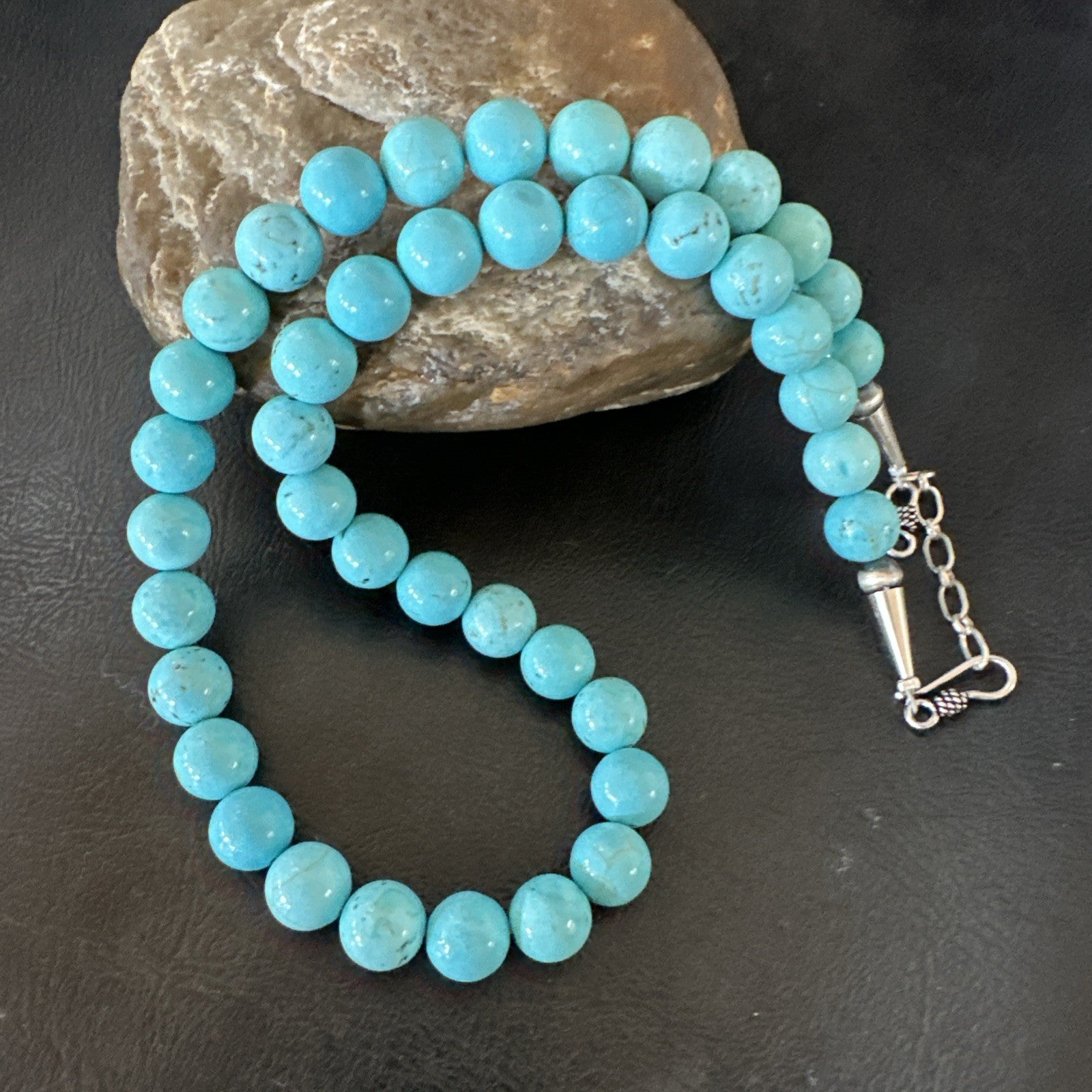 Blue Turquoise 10mm Round Bead Southwestern Sterling Silver Necklace 18” 19402