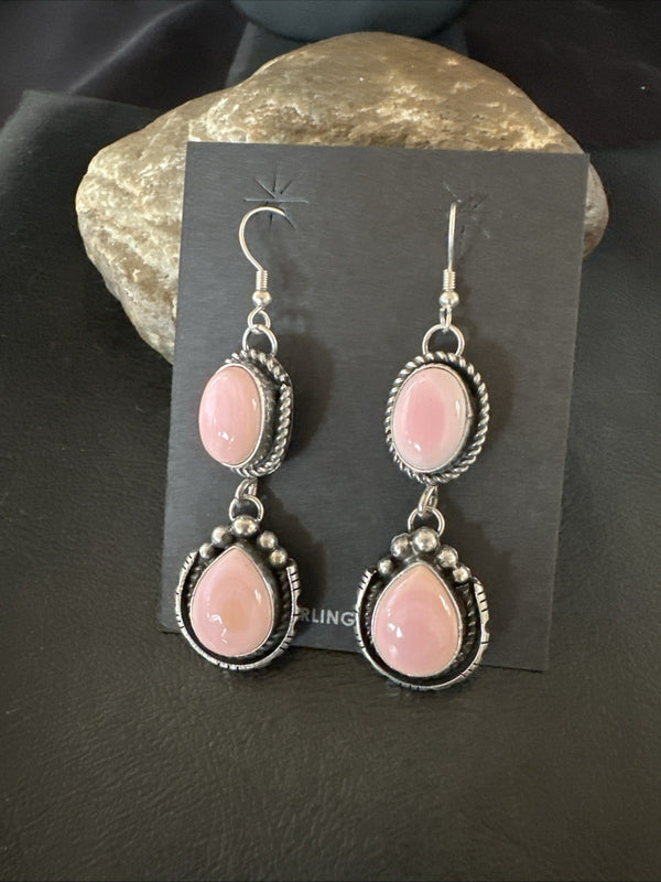 Yazzie Pink Queen Conch Navajo Dangle Earrings | Sterling Silver | Authentic Native American Handmade | 19320