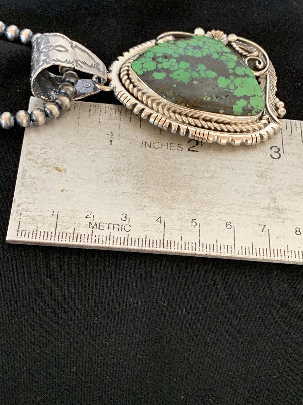 Green Spiderweb Turquoise Pendant Navajo Sterling Silver Beads Necklace 02983