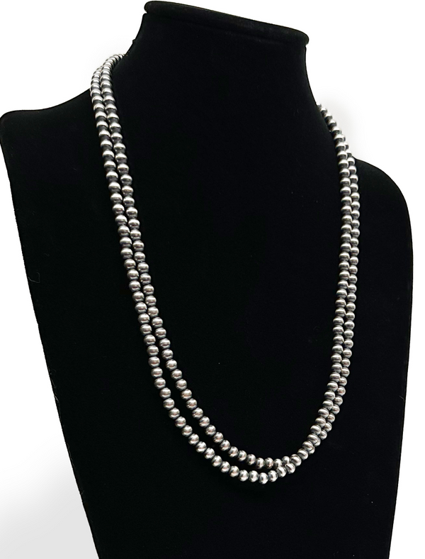 6mm Navajo Pearls 66"Single Strand Necklace | Sterling Silver | Authentic Native American Handmade