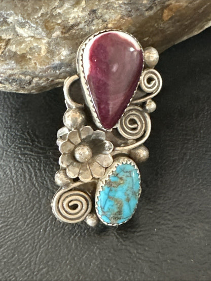 Cluster Kingman Turquoise Purple Spiny Navajo Sterling Silver Ring Sz 5.5 19105