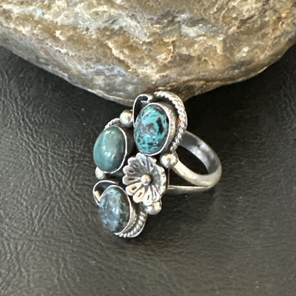 Yazzie Ring Blue Turquoise Navajo Sterling Silver Cluster Size 8.5 19238