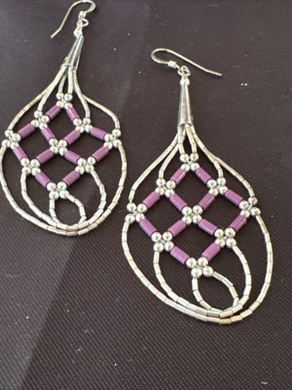 Stone 3 Strand Heishi Liquid Sterling Silver Dangle Earrings 17738