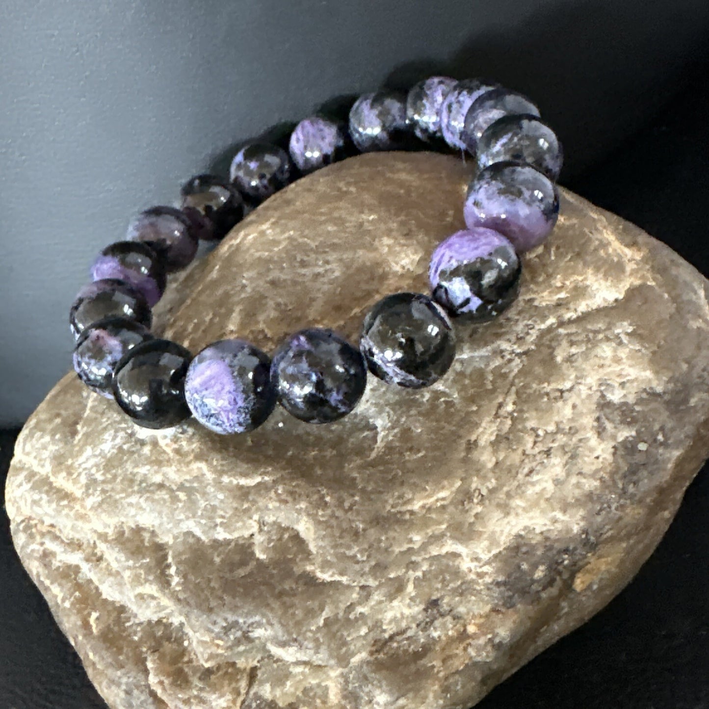 Purple Stone 10mm Stretch Bead Bracelet Navajo Sterling Silver 15239