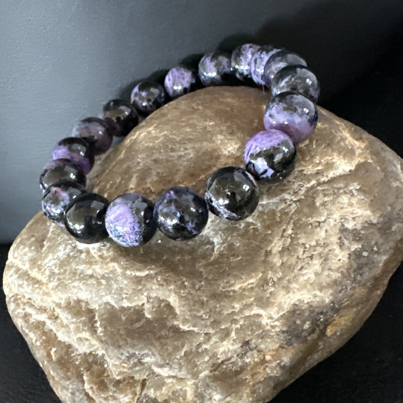 Purple Stone 10mm Stretch Bead Bracelet Navajo Sterling Silver 15239