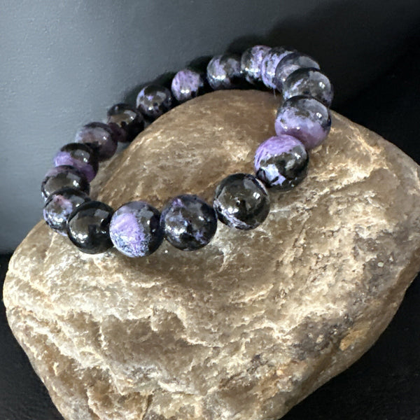 Purple Stone 10mm Stretch Bead Bracelet Navajo | Sterling Silver | Authentic Native American Handmade | 15239
