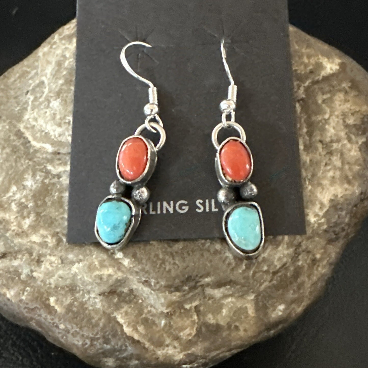 Handmade Blue Turquoise Red Coral Sterling Silver Navajo Dangle Earrings 18846