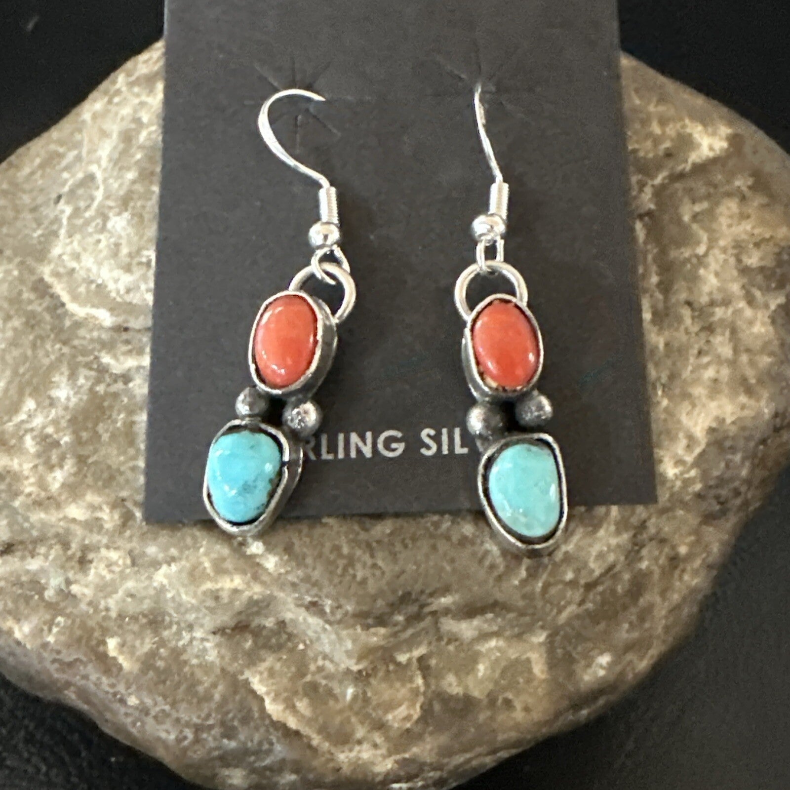 Handmade Blue Turquoise Red Coral Sterling Silver Navajo Dangle Earrings 18846