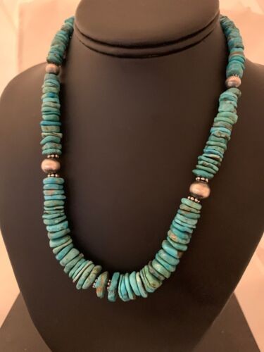 Navajo Blue Turquoise Graduated Necklace Sterling Silve 18" 4663