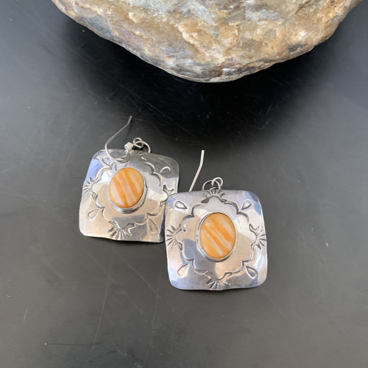 Gold Orange Spiny Oyster Navajo Sterling Silver Earrings 02076