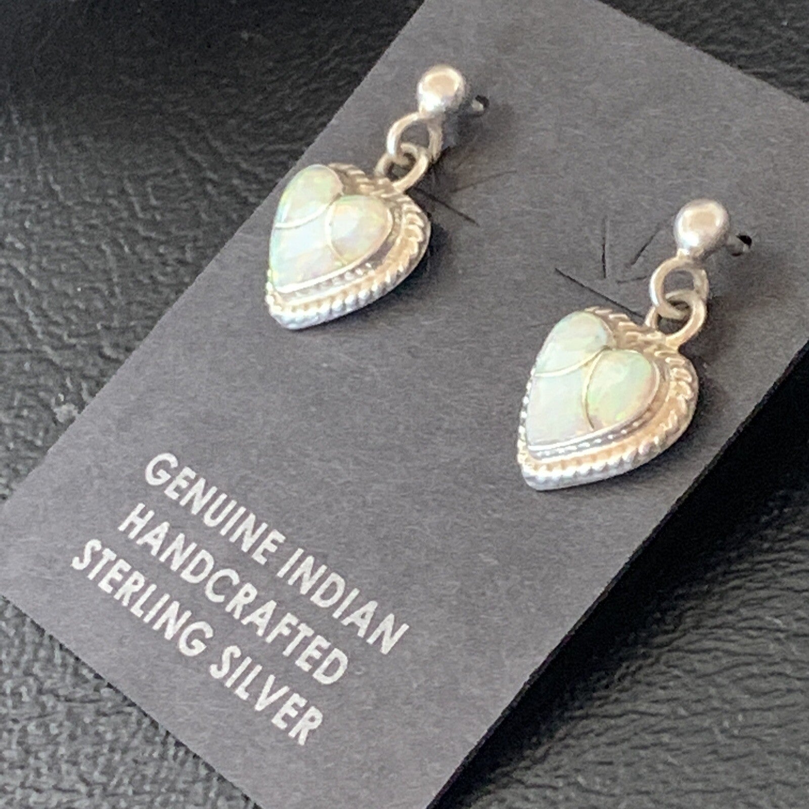 Womens White Opal Inlay Navajo Sterling Silver Dangle Post Earrings 0.5" 12761