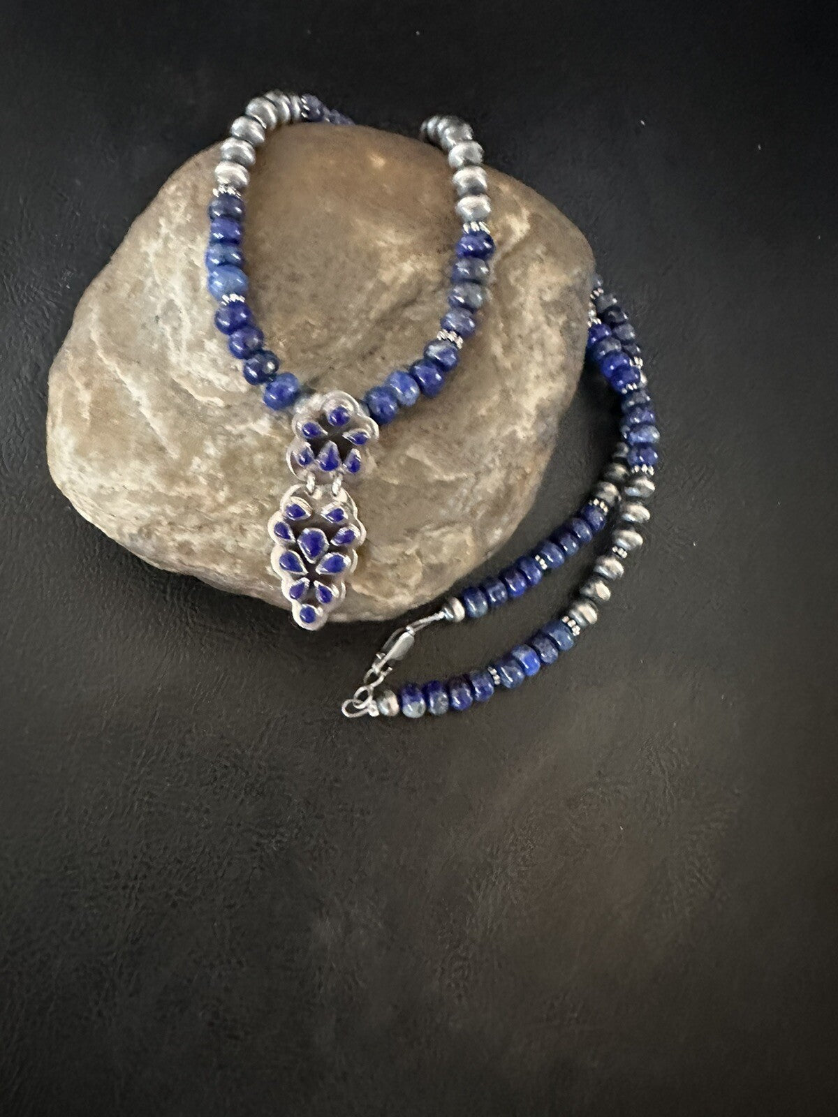Mens Womens Blue Lapis Navajo Sterling Silver Cluster Pendant Necklace 21”18340