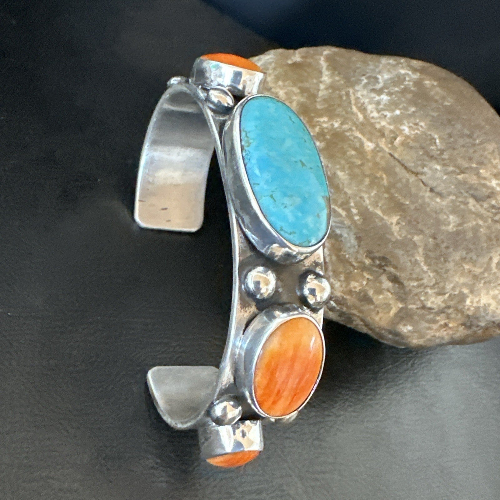 Orange Spiny Turquoise 5 Stone Sterling Silver Navajo Cuff Bracelet 7.7" 19479