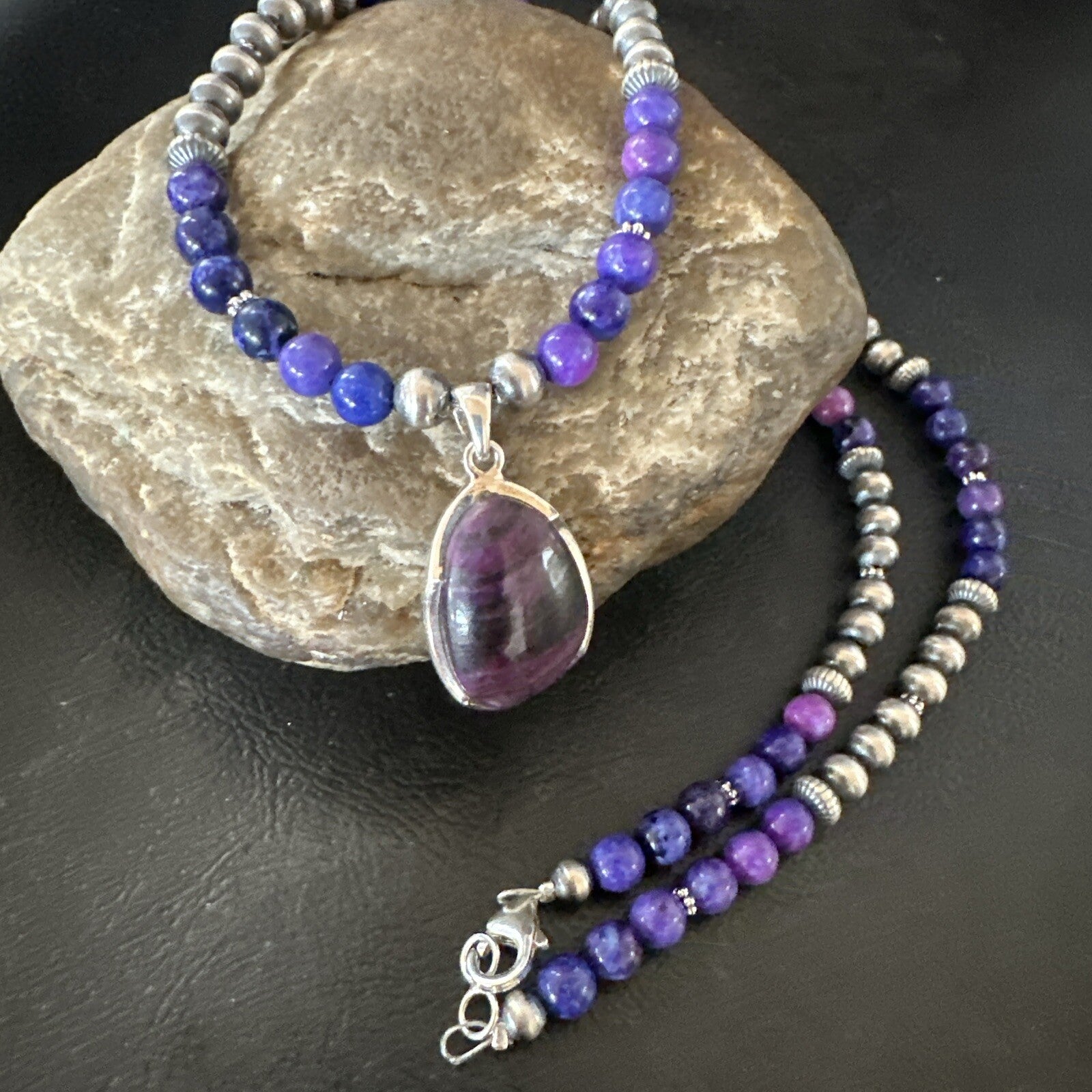 Purple Stone Pendant Navajo Pearls Sterling Silver Necklace 23" 17894