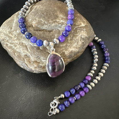 Purple Stone Pendant Navajo Pearls Sterling Silver Necklace 23" 17894