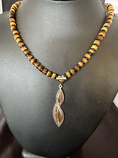 Coffee Tigers Eye Amber Opal Onyx Heishi Sterling Silver Pendant Necklace 18343
