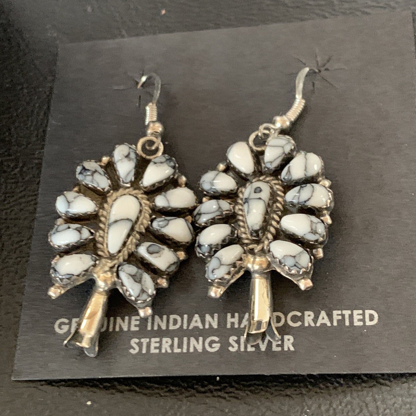 Cluster Navajo White Buffalo Turquoise Sterling Silver Dangle Earrings 12837
