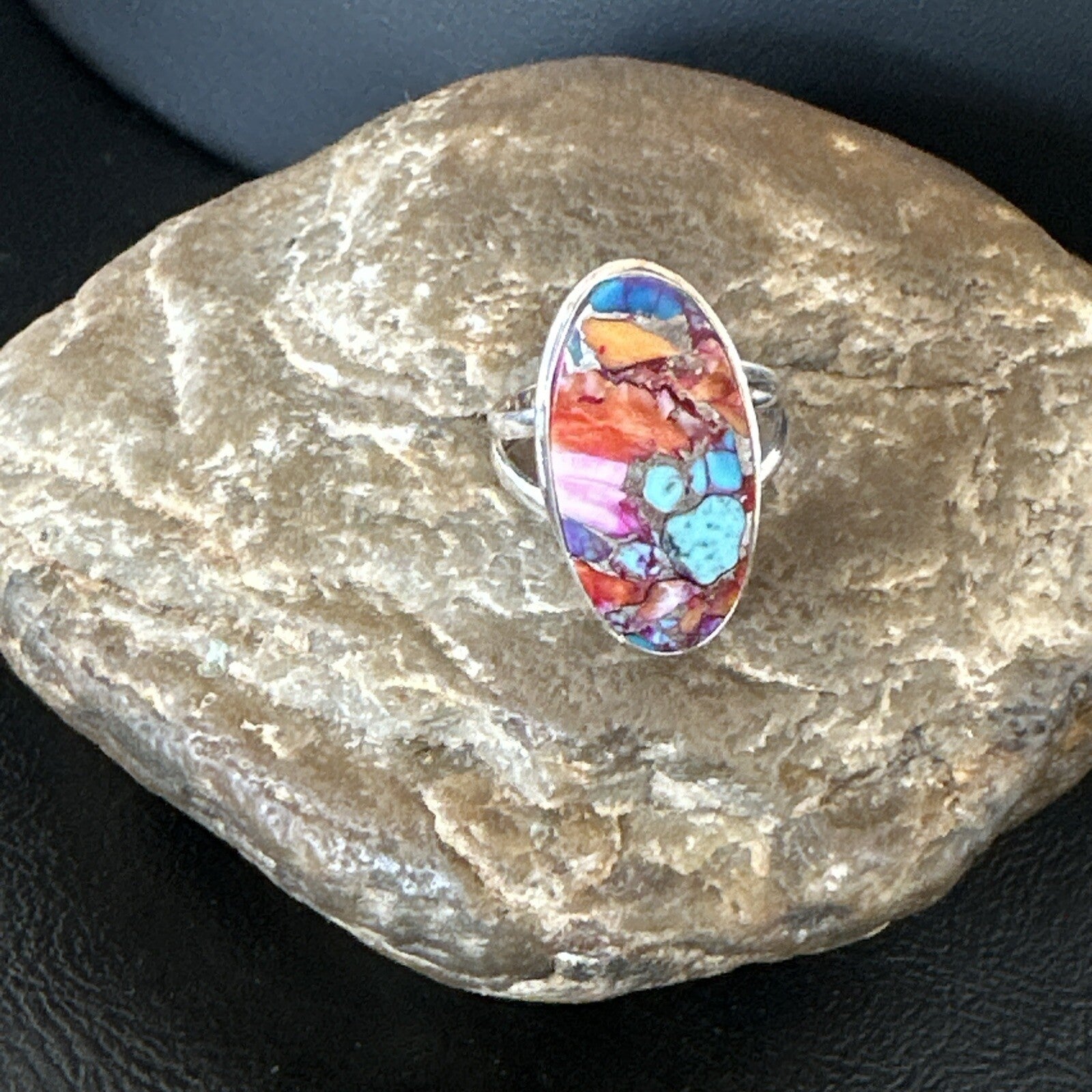 Blue Turquoise Spiny Oyster Navajo Sterling Silver Ring Size 8 18214