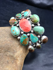 Royston Turquoise Red Spiny Oyster Navajo Bracelet | Sterling Silver | Authentic Native American Handmade | 01052