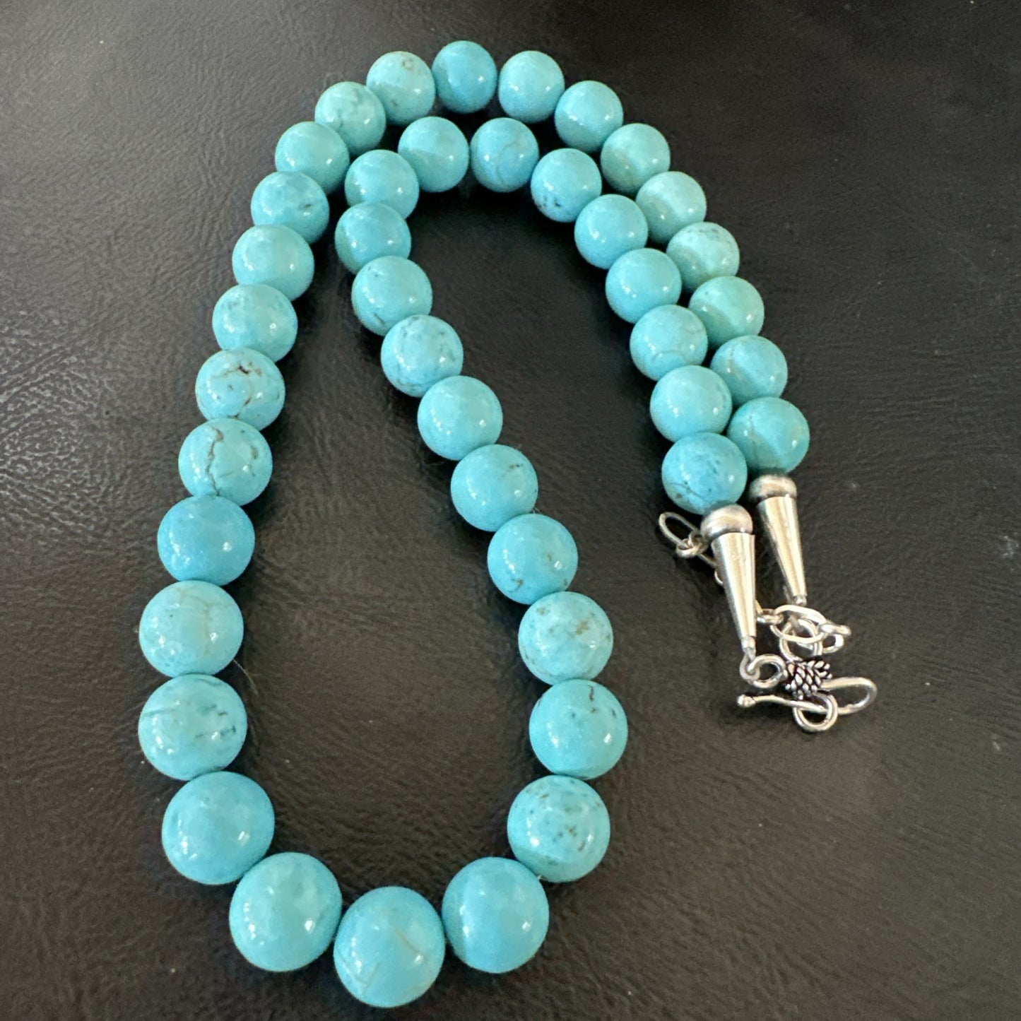 Blue Turquoise 10mm Round Bead Southwestern Sterling Silver Necklace 18” 19402