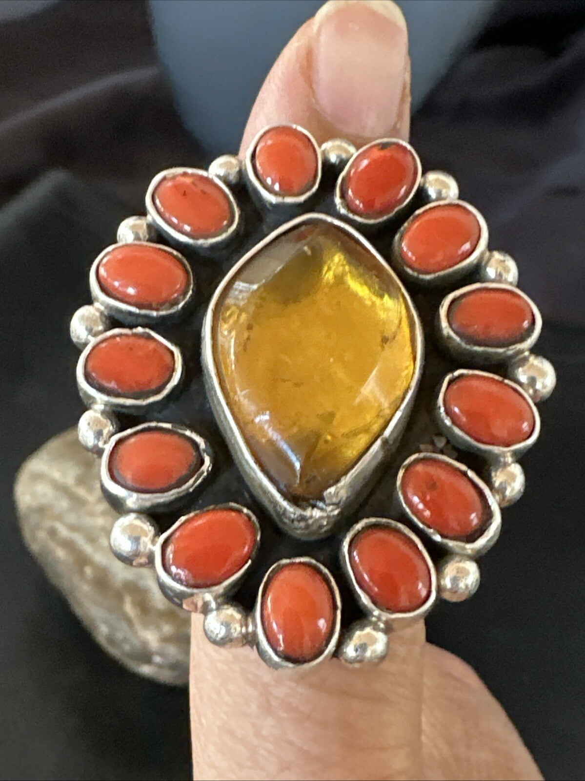 Golden Amber Red Coral Navajo Sterling Silver Cluster Ring Size 6 18563